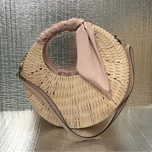Scoop | Wicker Round Crescent Moon Handbag Satin Scarf Handle Crossbody Strap